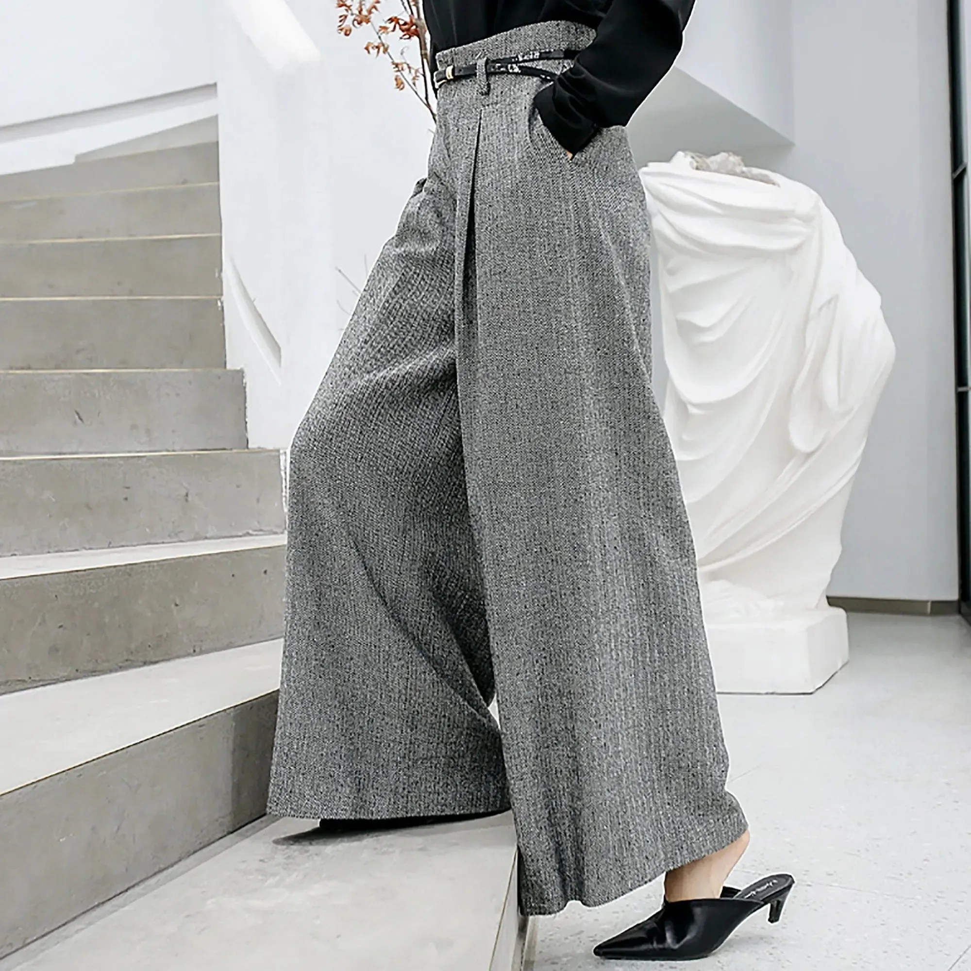 Wool Blend High Waist Wide Leg Pants