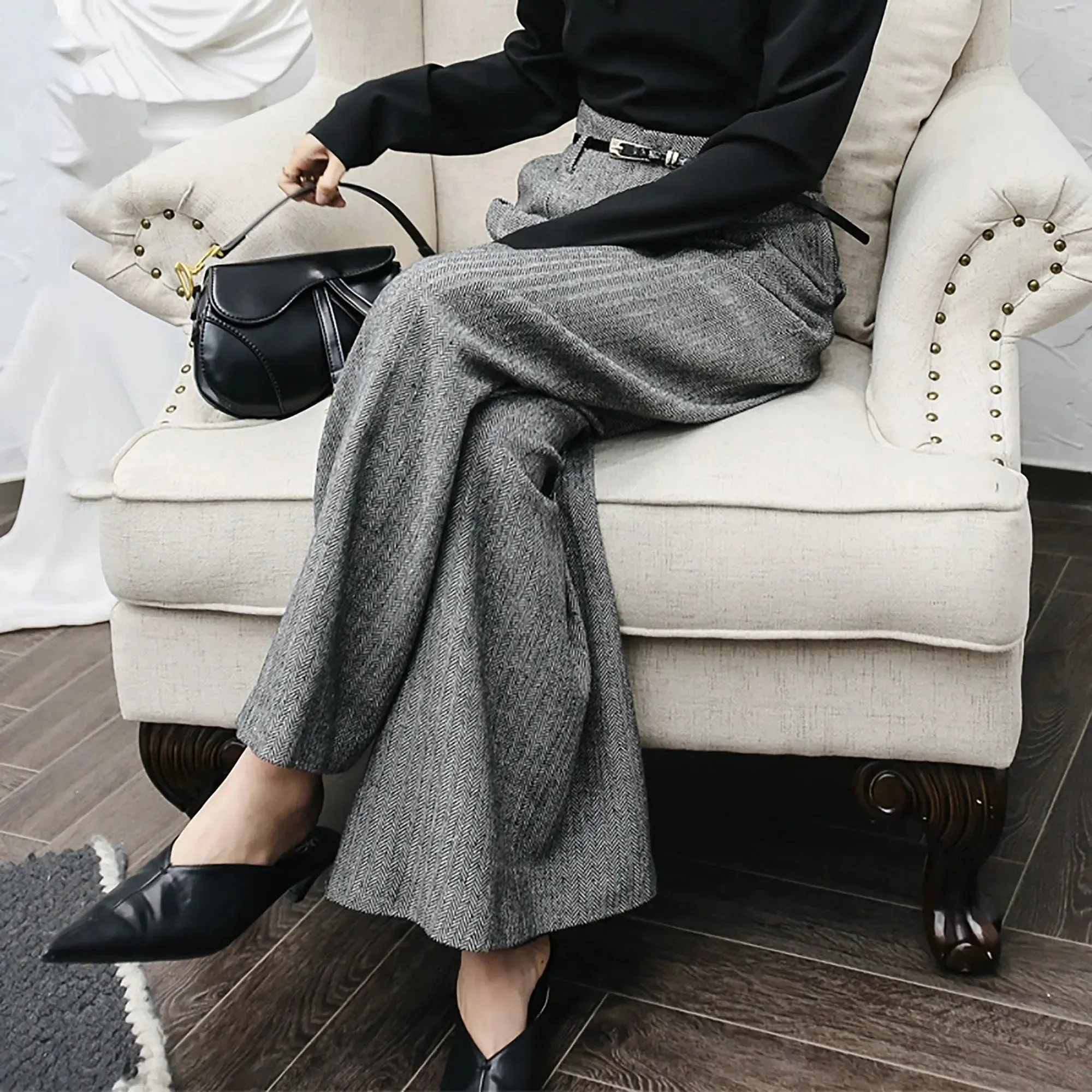 Wool Blend High Waist Wide Leg Pants